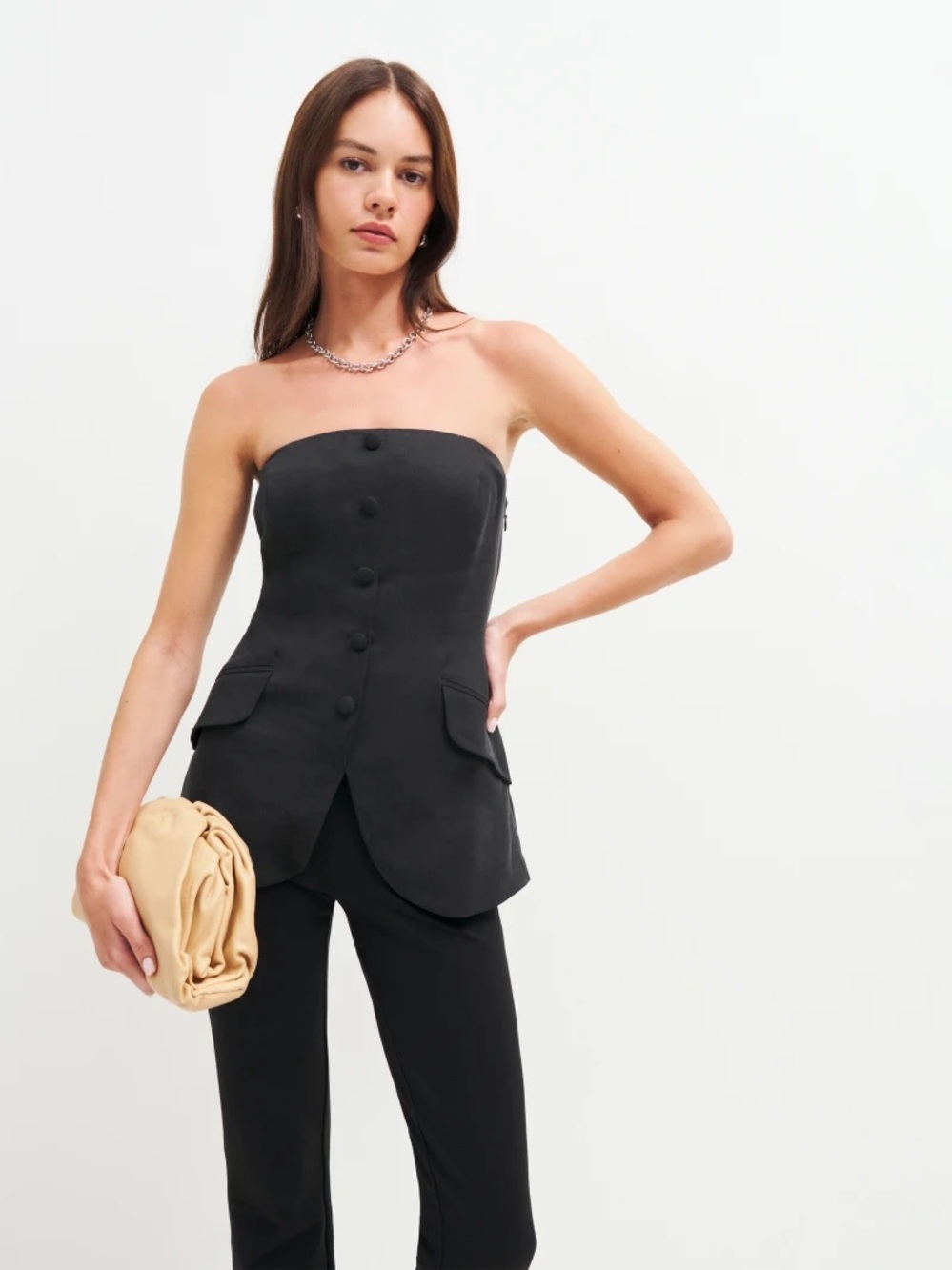 Reformation NWT Tonya Top Strapless Button-Front Side-Zip Stretch Black